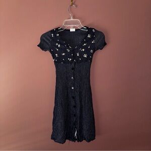 Wrapper Denim Blue Floral Mini Dress with Flower Button Detail